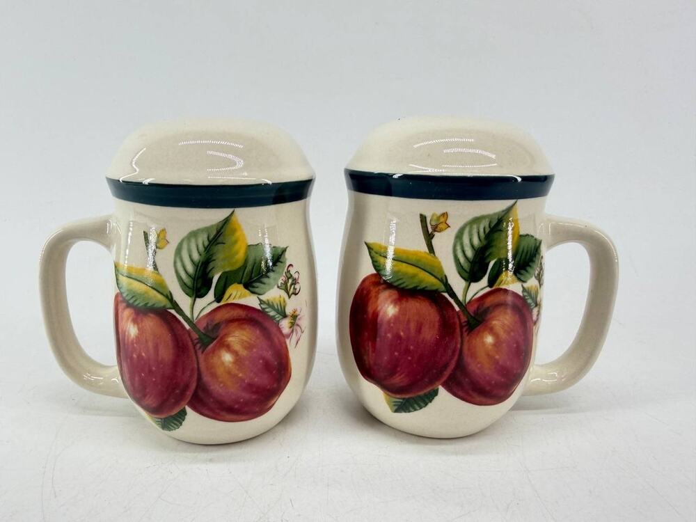 China Pearl Casuals Apple Ceramic Salt & Pepper Shakers Handles 1.15 lb Open Box